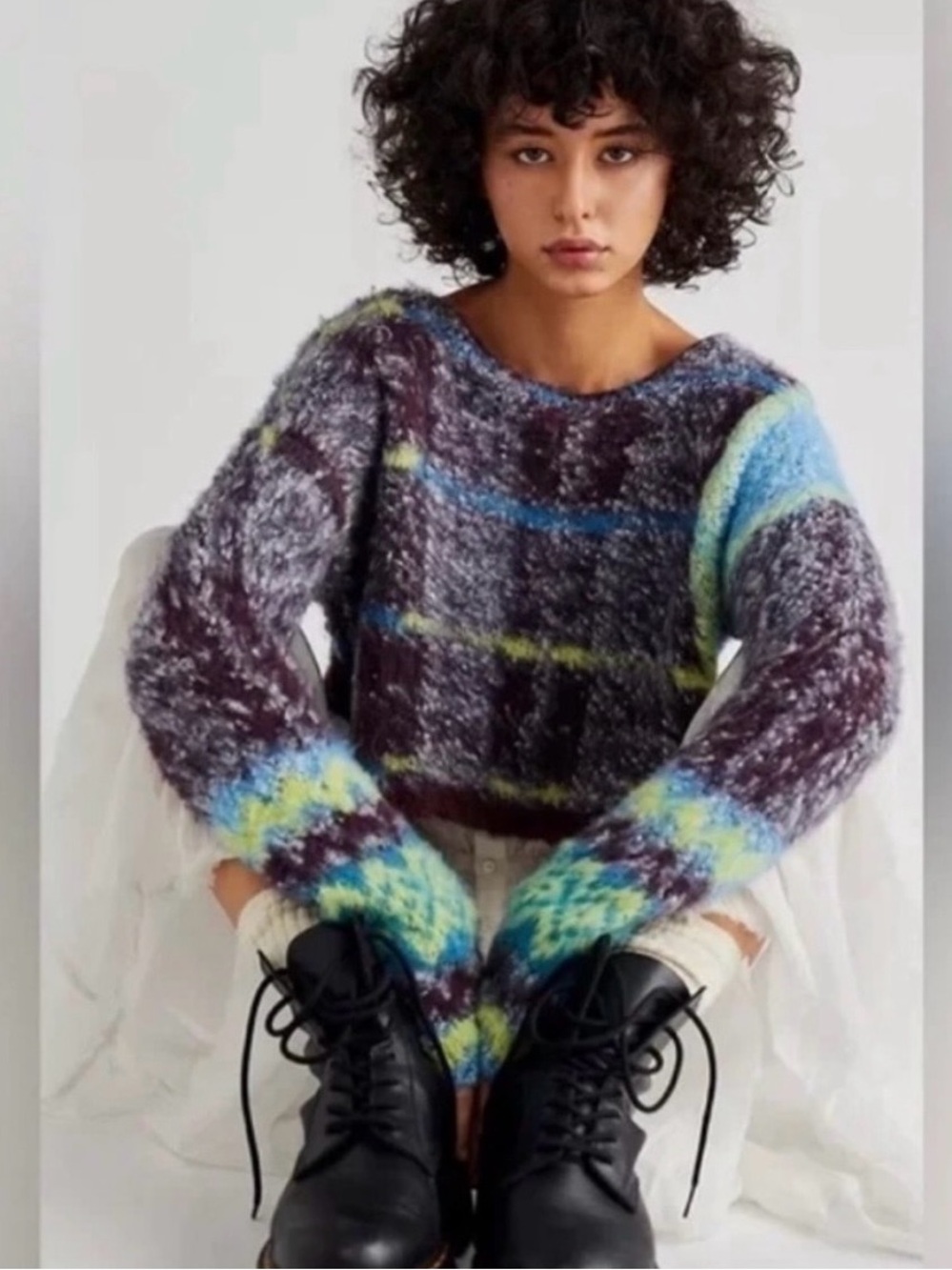 Free People Emerson Plaid Sweater Medium Blue Green Black Excellent Condition